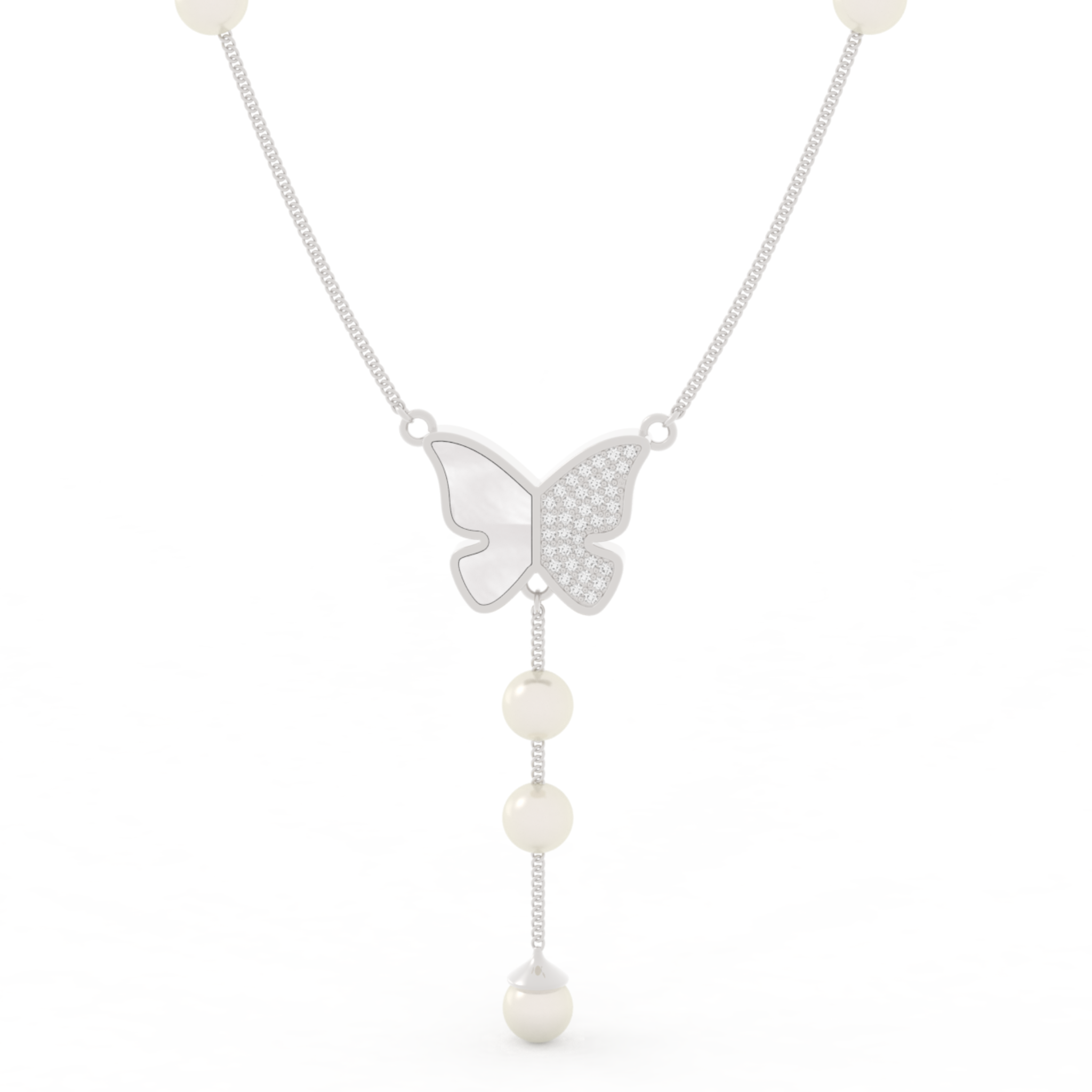 Adorable Butterfly Pearl Y Shape Necklace, Hallmarked 925 Sterling Silver